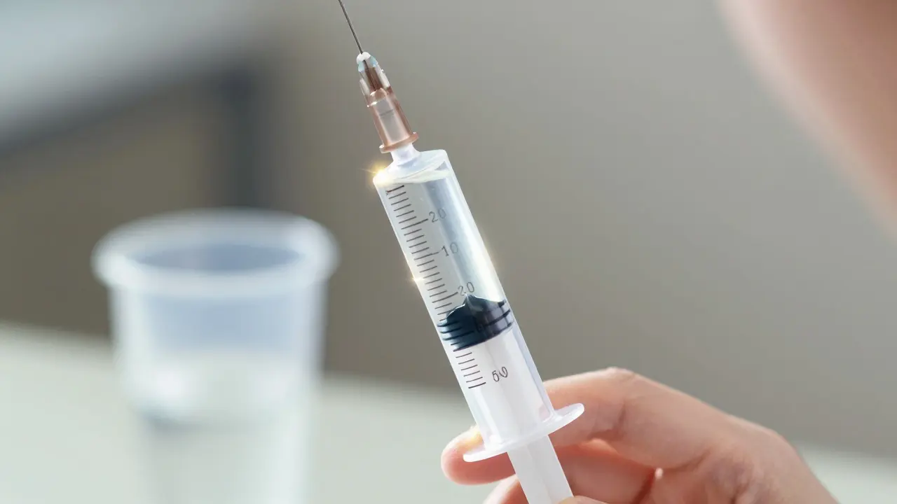 Close-up of precise oral syringe with glowing liquid meniscus