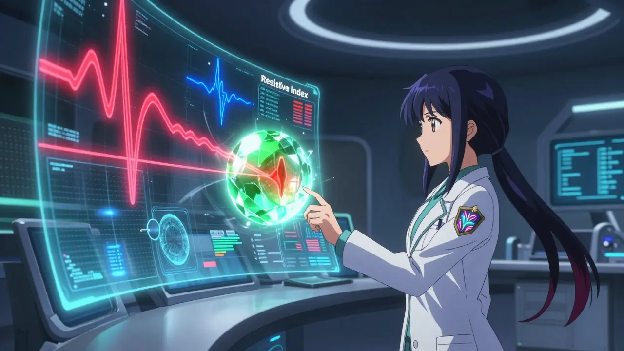 Doctor analyzing holographic blood flow data in magical girl anime style