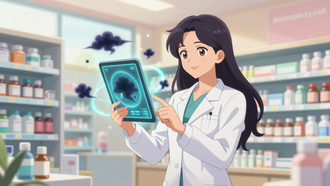 Empowered anime pharmacist using a glowing tablet to protect patients from hidden medication risks.