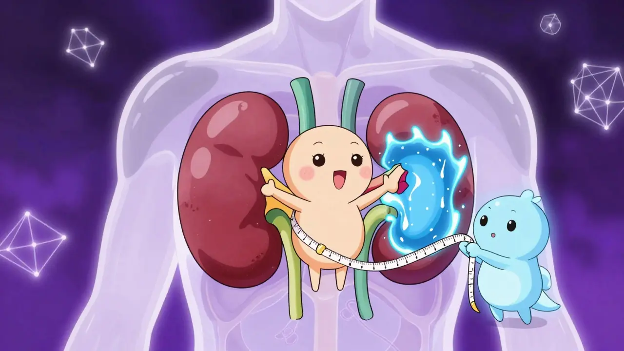 Fantasy depiction of swollen kidney and measurement spirits in anime style