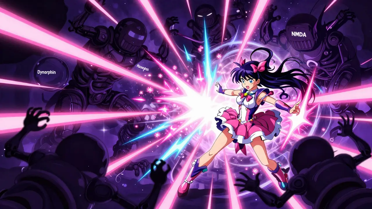 Magical girl fighting shadow monsters representing NMDA receptors in nerves