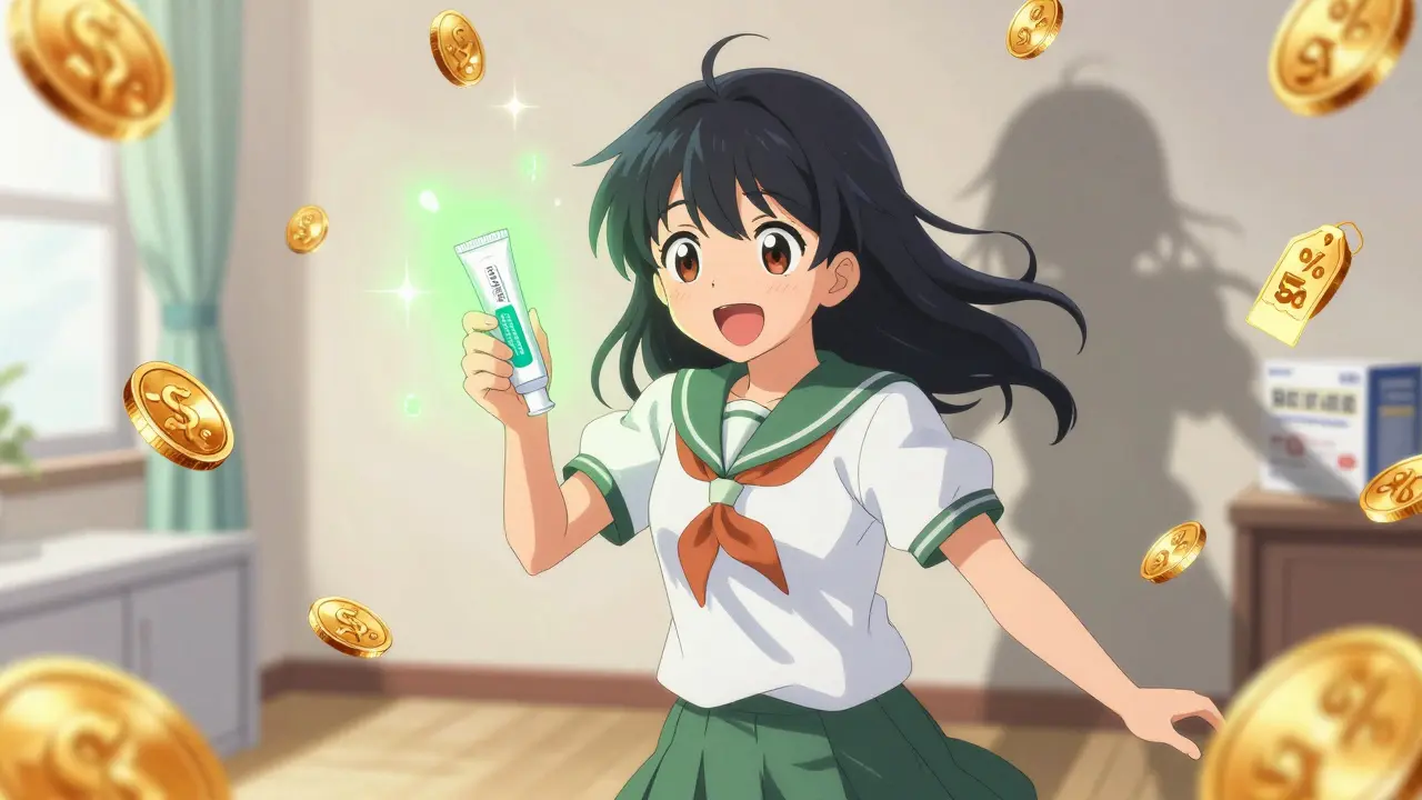 Magical girl holding glowing generic medicine with savings symbols