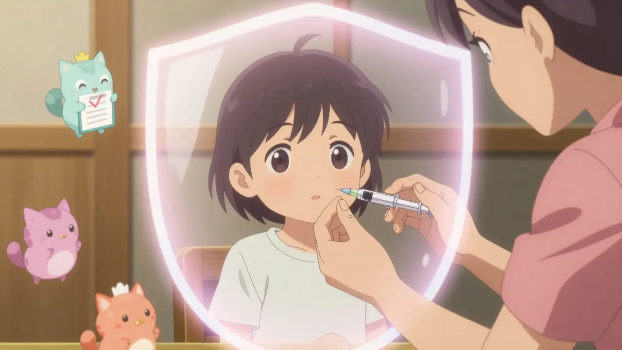 Parent safely administering medicine to child with magic shield
