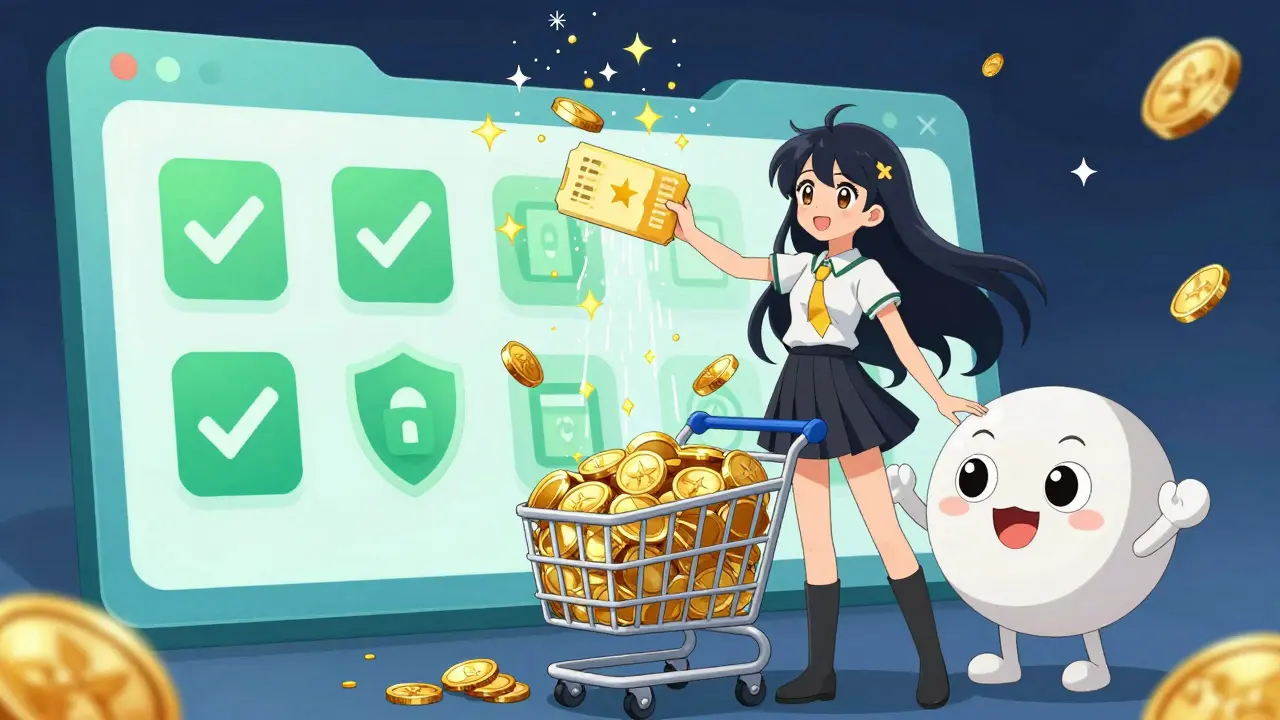 Anime character celebrating savings with magical coupons and gold coins.