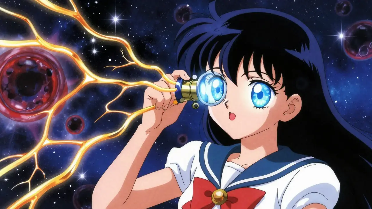 Anime character preserving vision by healing eye capillaries with magic