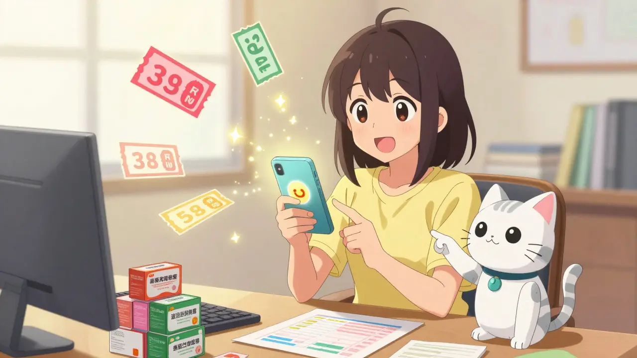 Anime character saving money with floating coupons and generic pills