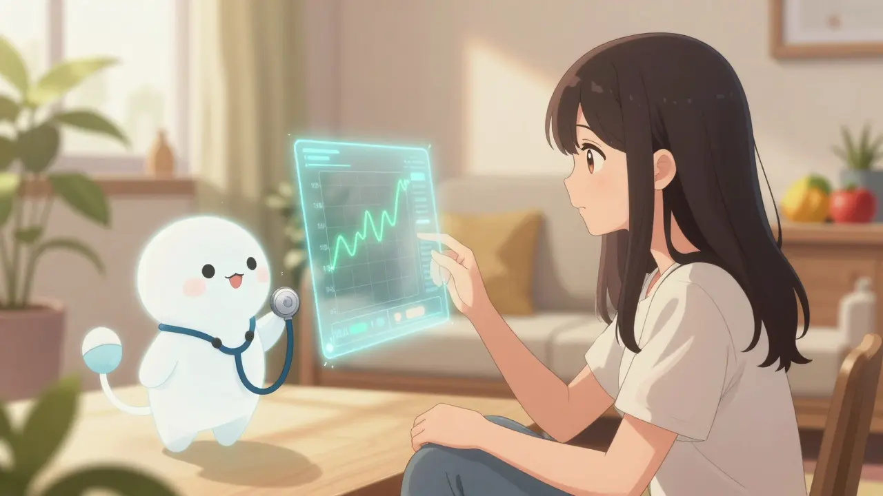 Anime girl and spirit checking a magical blood pressure chart in a cozy room
