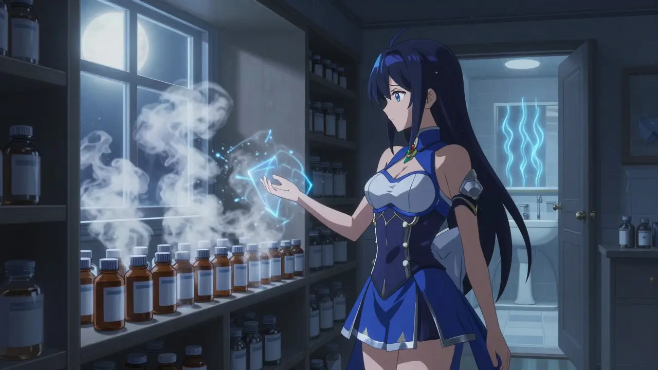 Anime guardian protecting medicines in a cool, dark closet
