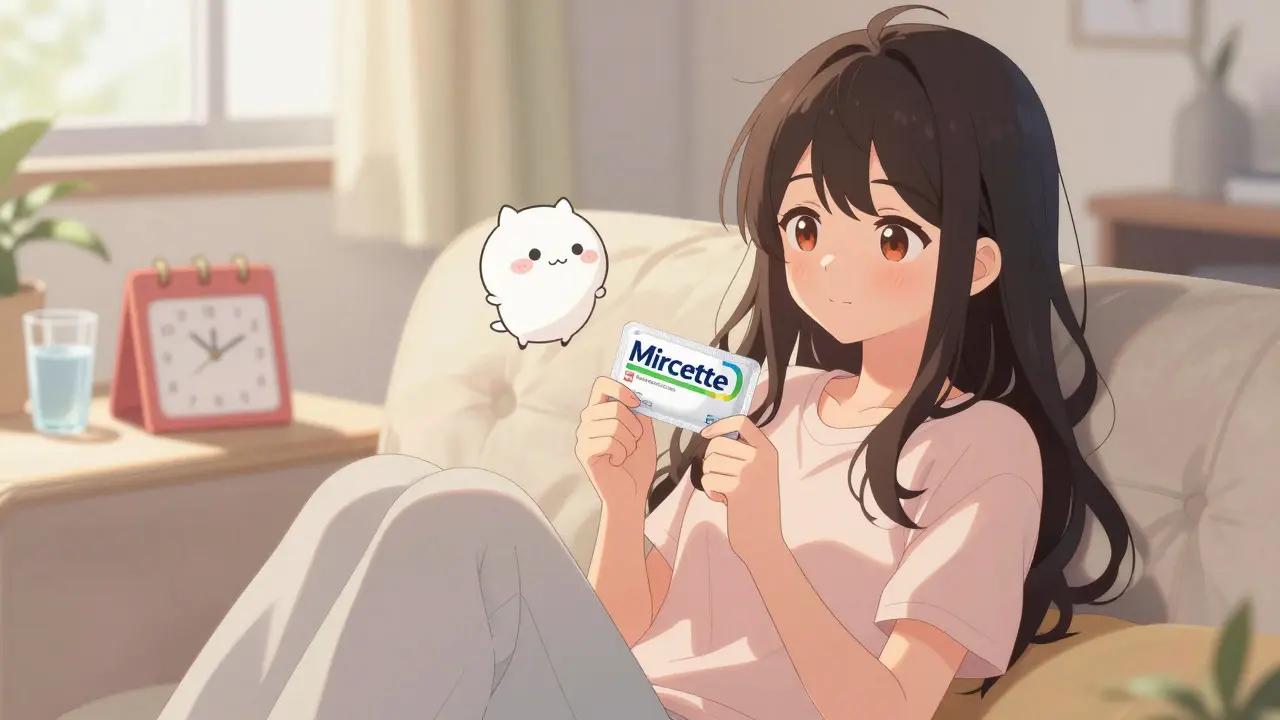 Calm anime woman taking birth control pills at home