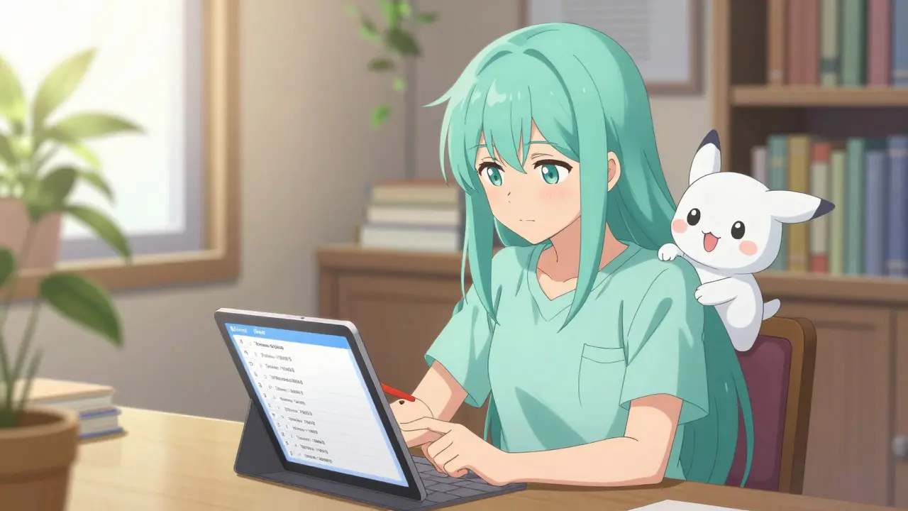 Calm magical girl reviewing drug info on a tablet with a mascot