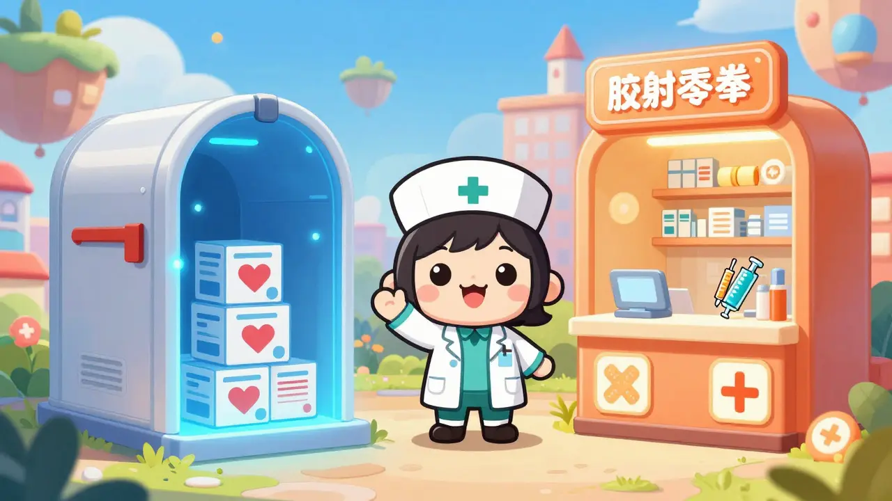 Cute pharmacist mascot explaining mail-order vs local pharmacy options