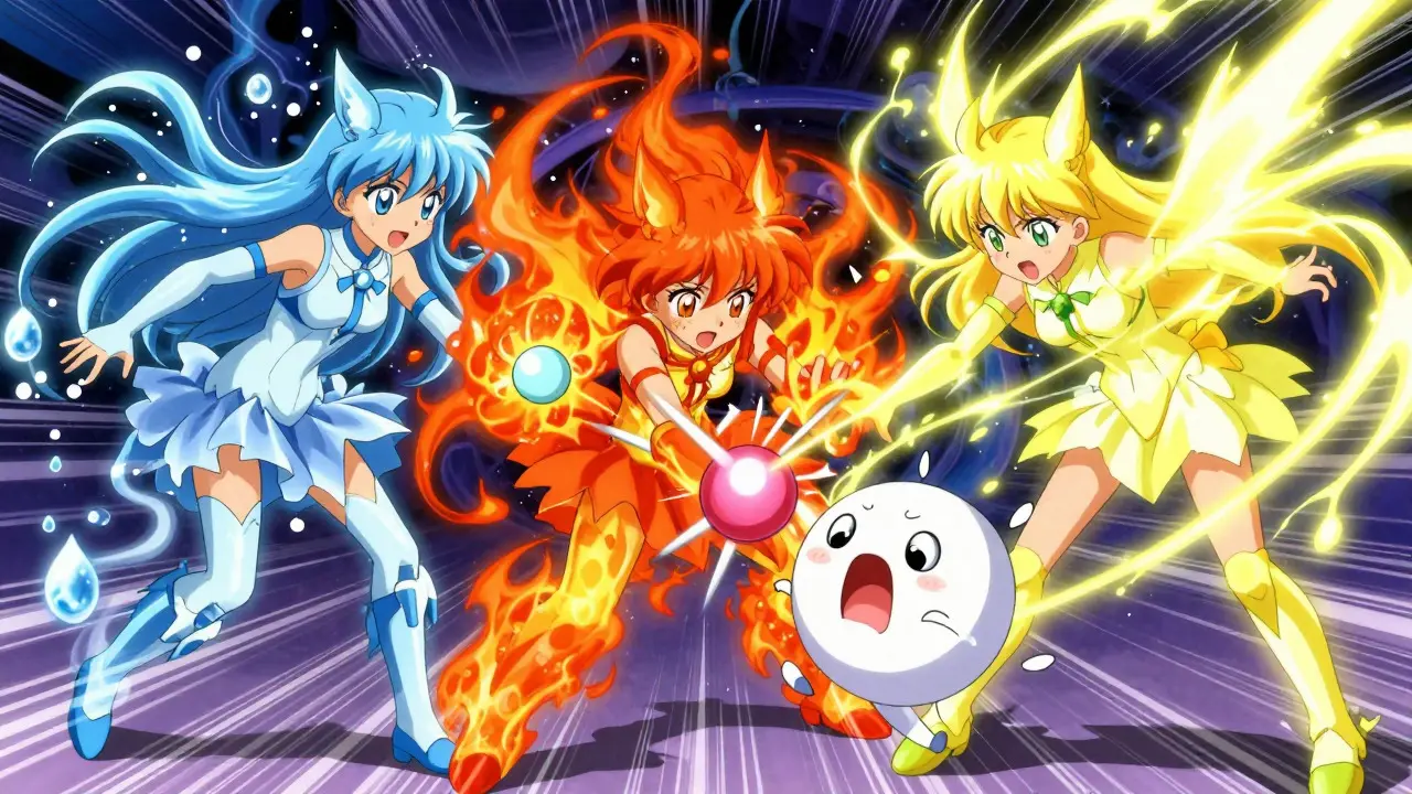 Elemental spirits attacking a personified pill in anime style