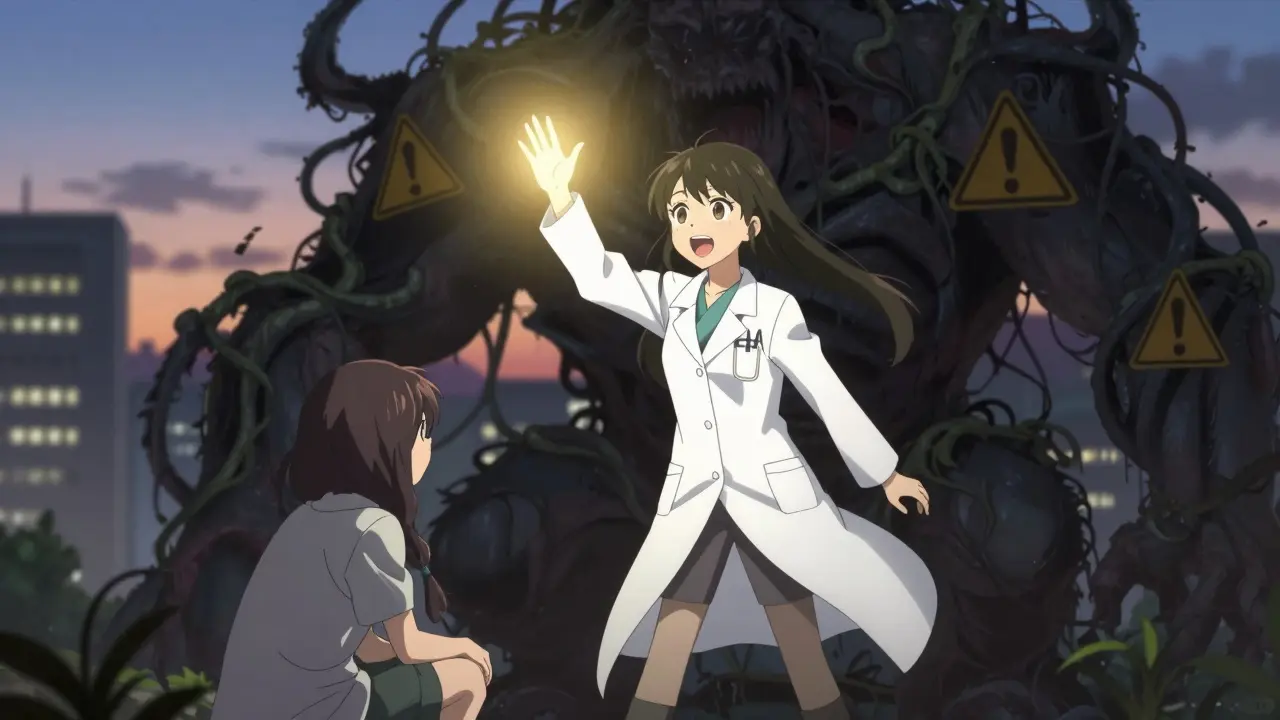 Healer mage protecting a person from a shadowy monster with bright golden light.