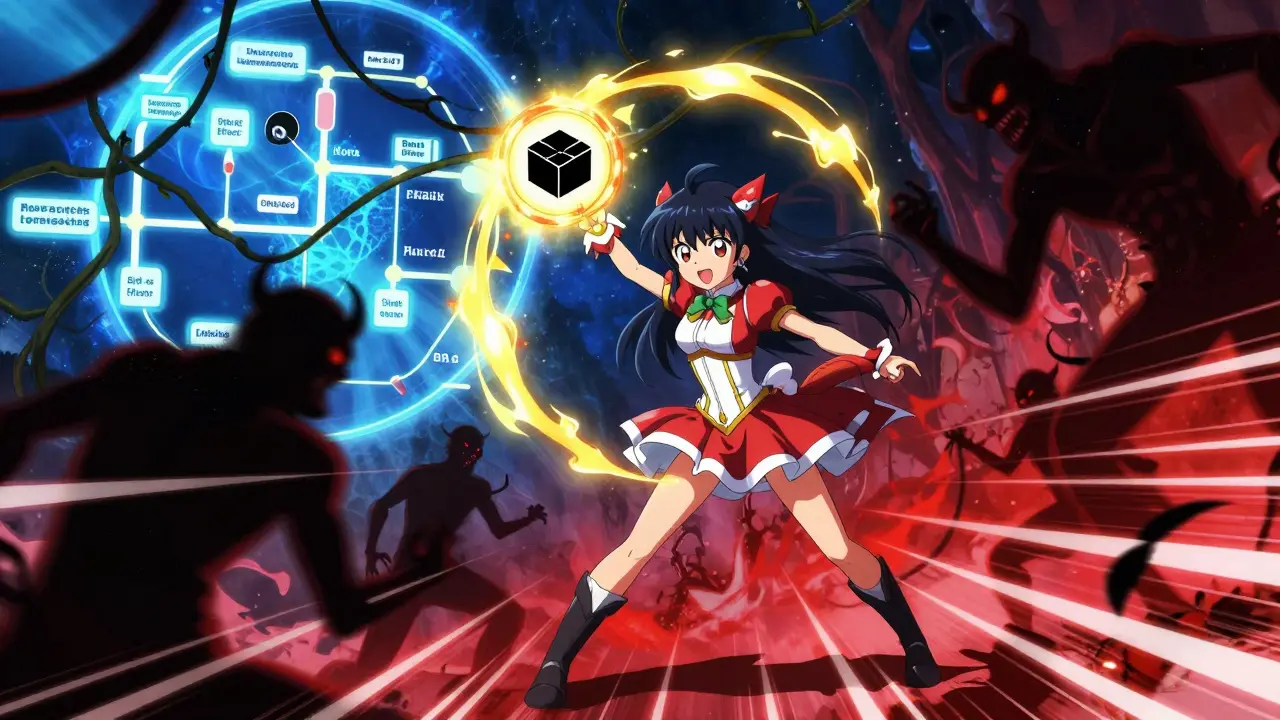 Heroic figure blocking side effect monsters with a warning shield