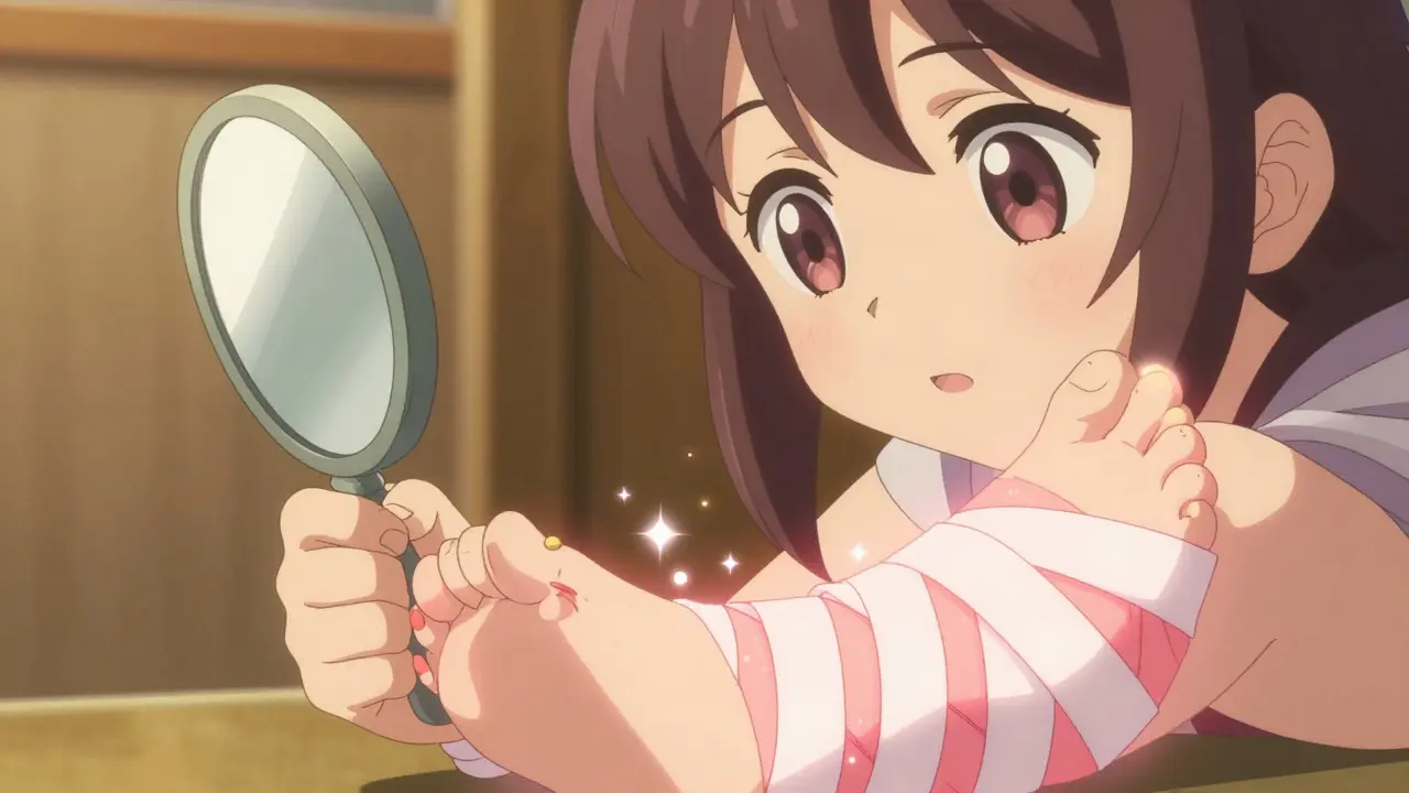 Magical girl checking her feet for injuries with a glowing inspection mirror