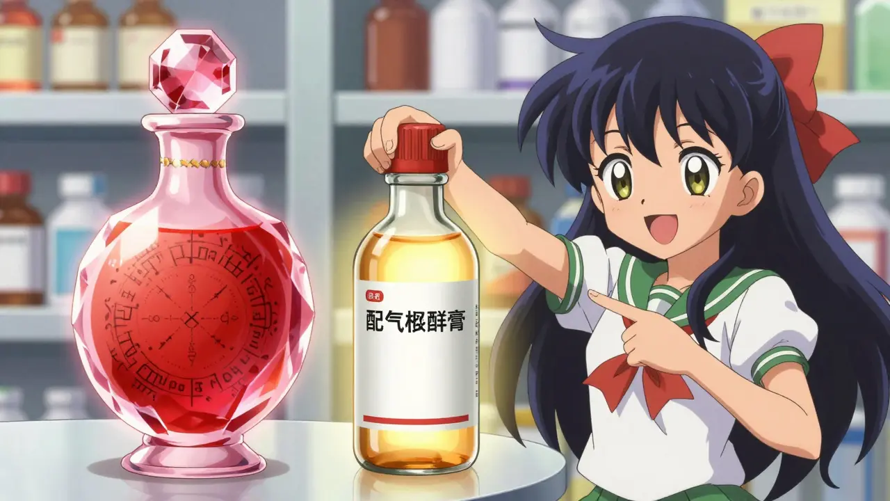 Magical girl comparing cheap generic medicine to expensive brand name potion.