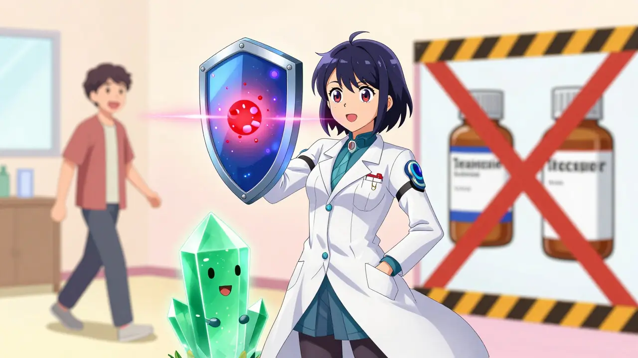 Magical girl doctor shields patient from bad drugs, promoting safe alternatives like terbinafine in bright anime art.