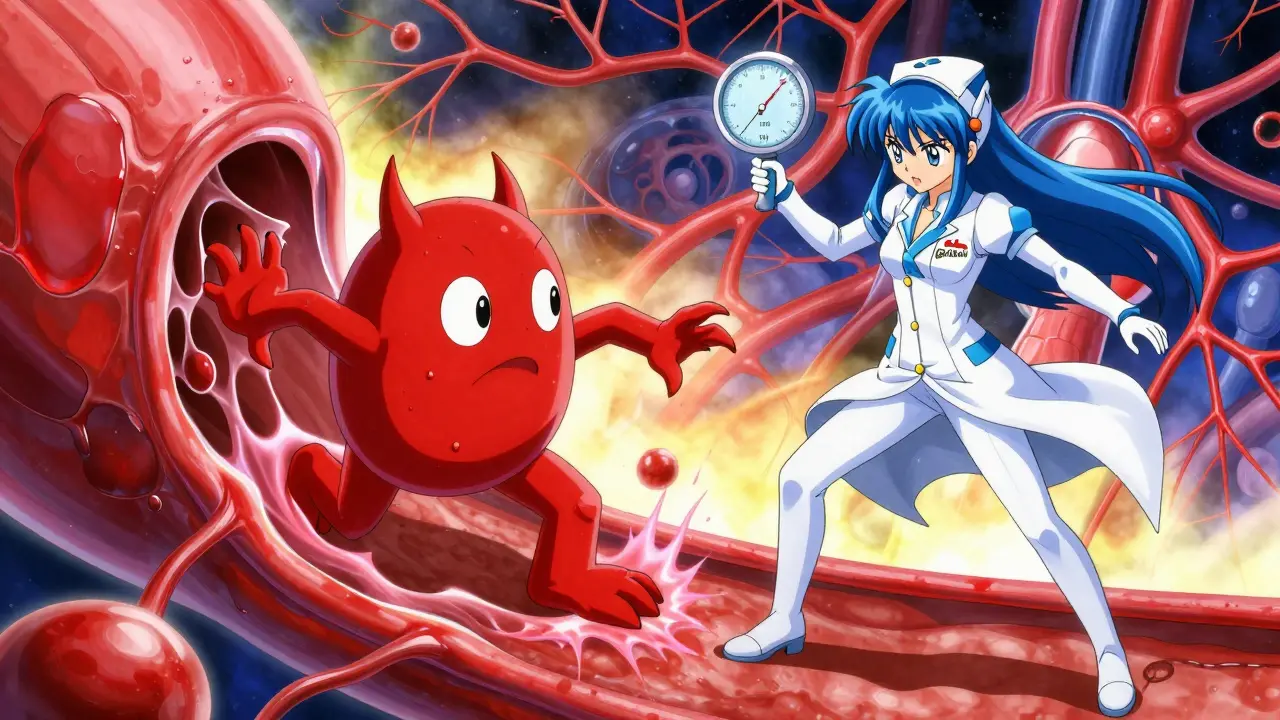 Magical girl fighting a red monster pressing on a blood vessel in anime style