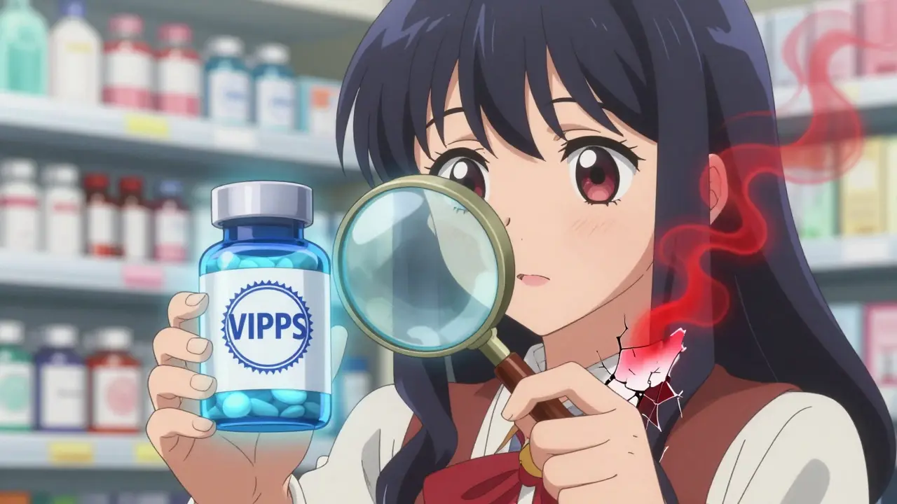 Magical girl inspecting real vs fake medicine bottles with glowing glasses