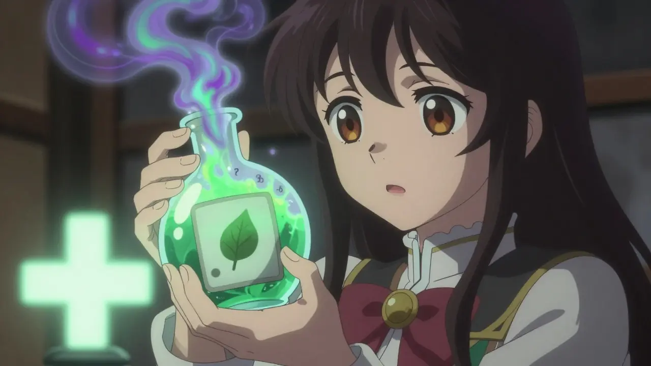 Magical girl looking fearfully at a potion bottle with unstable, toxic bubbling liquid.