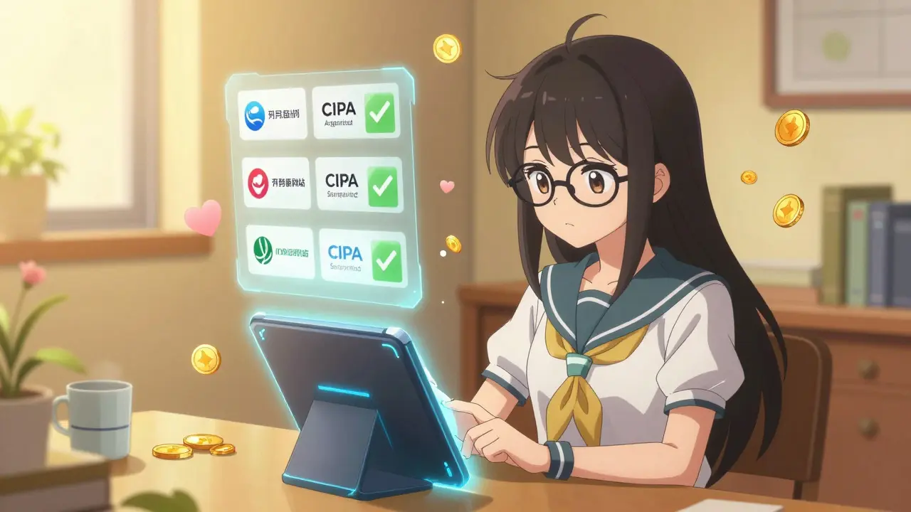 Magical girl verifying online pharmacy safety on a glowing holographic tablet