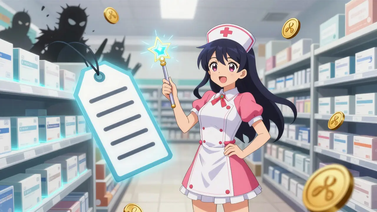 Magical girl verifying safe online pharmacy sources with a wand