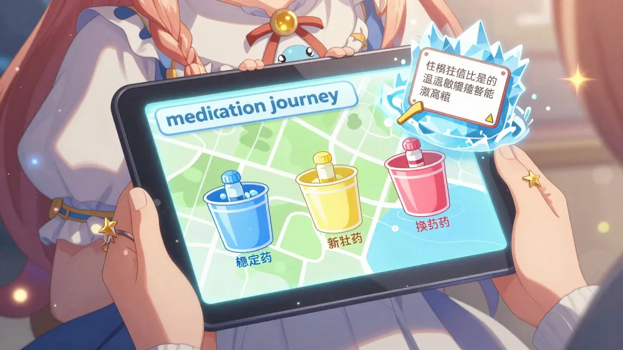Magical interface showing medication buckets and temperature warnings