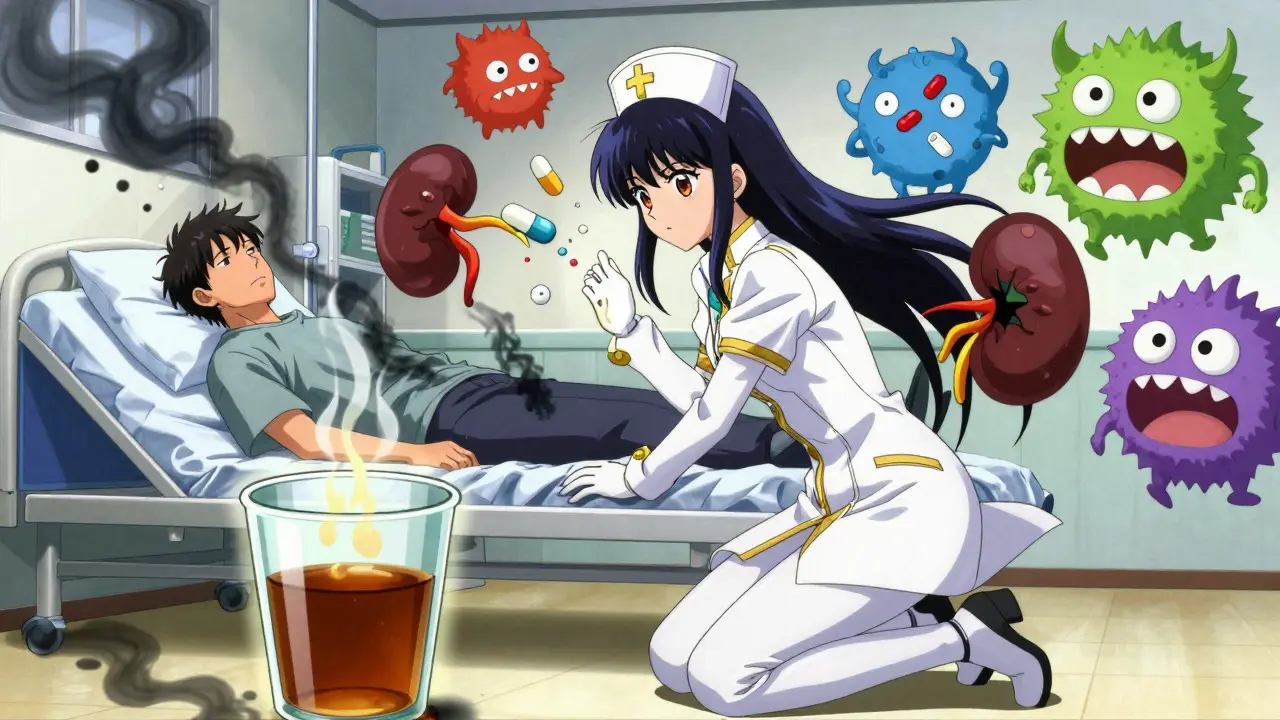 Manga scene showing muscle breakdown shadows and dark urine glow, illustrating rhabdomyolysis risk from drug interactions.
